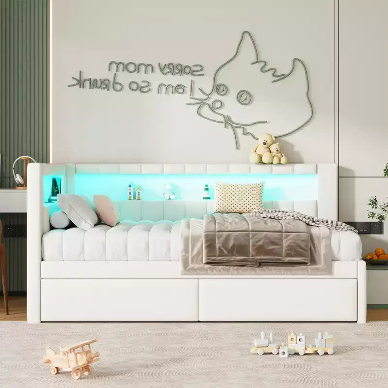 Divano Letto Singolo Imbottito con 2 Cassetti, Struttura con Contenitore, Testiera a L, Porte USB e LED