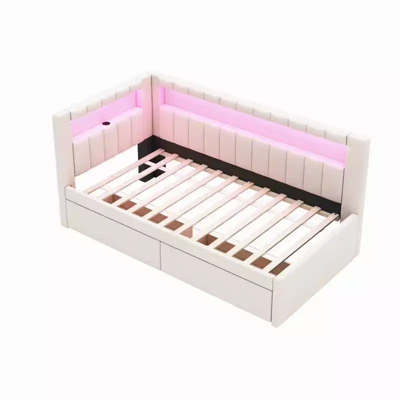 Divano Letto Singolo Imbottito con 2 Cassetti, Struttura con Contenitore, Testiera a L, Porte USB e LED