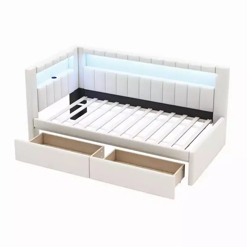 Divano Letto Singolo Imbottito con 2 Cassetti, Struttura con Contenitore, Testiera a L, Porte USB e LED