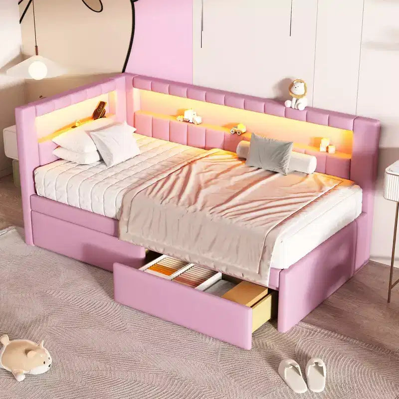 Divano Letto Singolo Imbottito con 2 Cassetti, Struttura con Contenitore, Testiera a L, Porte USB e LED