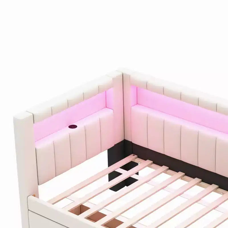 Divano Letto Singolo Imbottito con 2 Cassetti, Struttura con Contenitore, Testiera a L, Porte USB e LED