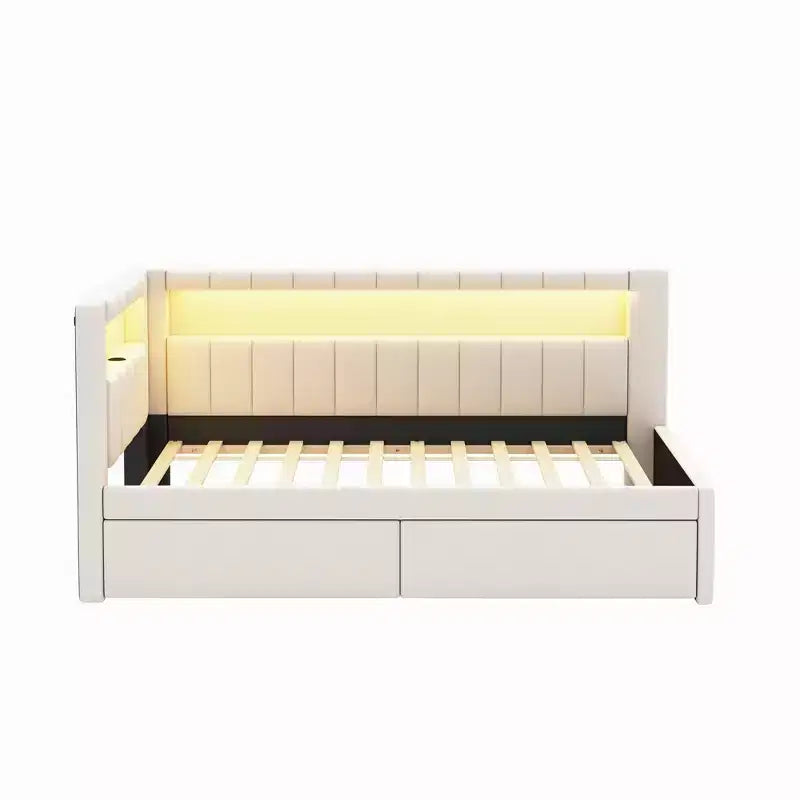 Divano Letto Singolo Imbottito con 2 Cassetti, Struttura con Contenitore, Testiera a L, Porte USB e LED