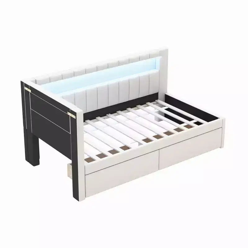 Divano Letto Singolo Imbottito con 2 Cassetti, Struttura con Contenitore, Testiera a L, Porte USB e LED
