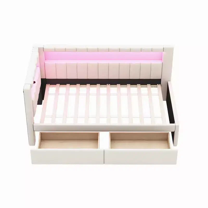 Divano Letto Singolo Imbottito con 2 Cassetti, Struttura con Contenitore, Testiera a L, Porte USB e LED