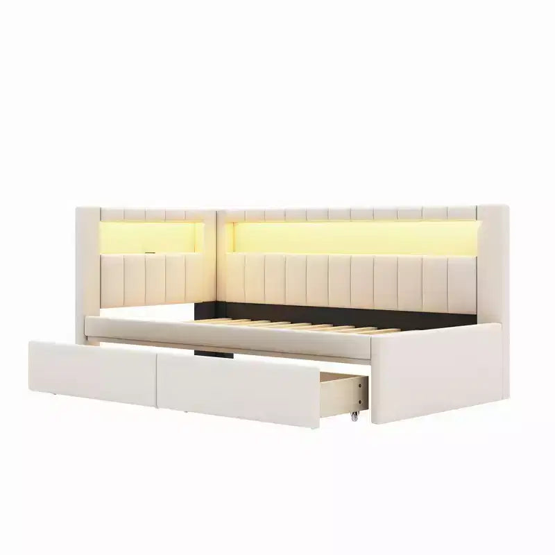 Divano Letto Singolo Imbottito con 2 Cassetti, Struttura con Contenitore, Testiera a L, Porte USB e LED