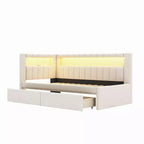 Divano Letto Singolo Imbottito con 2 Cassetti, Struttura con Contenitore, Testiera a L, Porte USB e LED