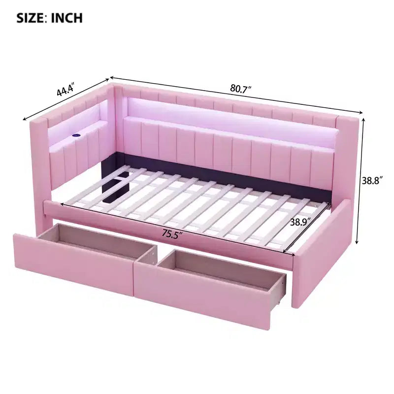 Divano Letto Singolo Imbottito con 2 Cassetti, Struttura con Contenitore, Testiera a L, Porte USB e LED