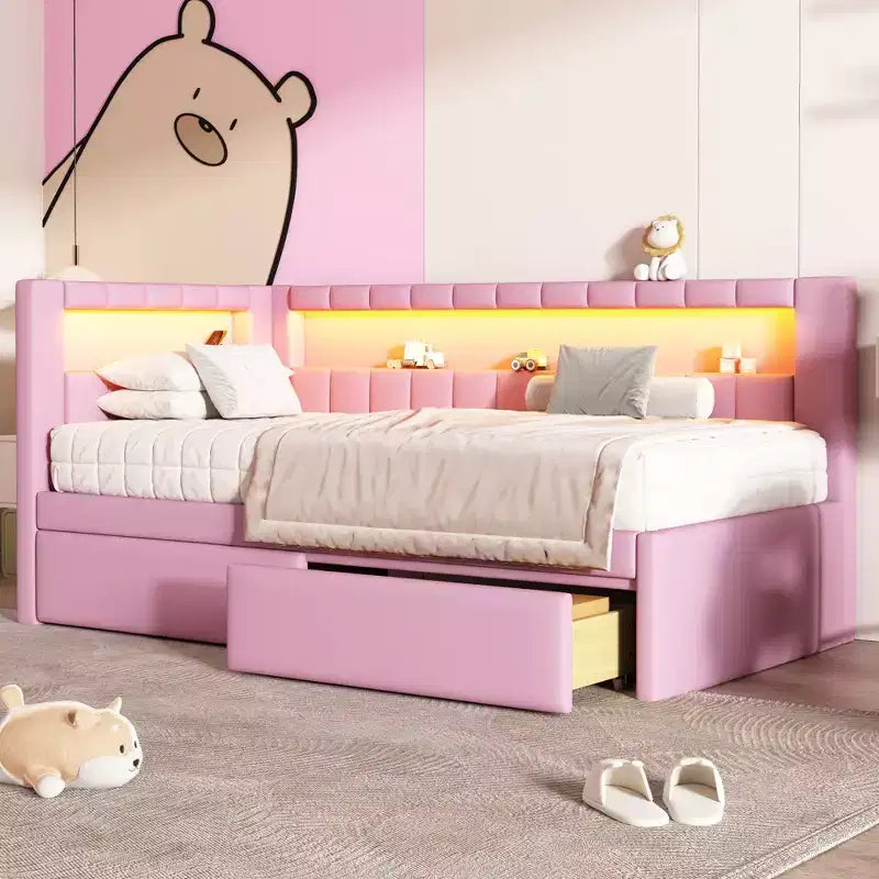 Divano Letto Singolo Imbottito con 2 Cassetti, Struttura con Contenitore, Testiera a L, Porte USB e LED