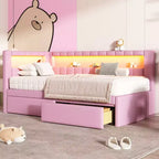 Divano Letto Singolo Imbottito con 2 Cassetti, Struttura con Contenitore, Testiera a L, Porte USB e LED