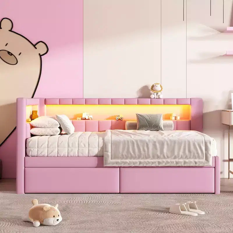 Divano Letto Singolo Imbottito con 2 Cassetti, Struttura con Contenitore, Testiera a L, Porte USB e LED