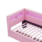 Divano Letto Singolo Imbottito con 2 Cassetti, Struttura con Contenitore, Testiera a L, Porte USB e LED