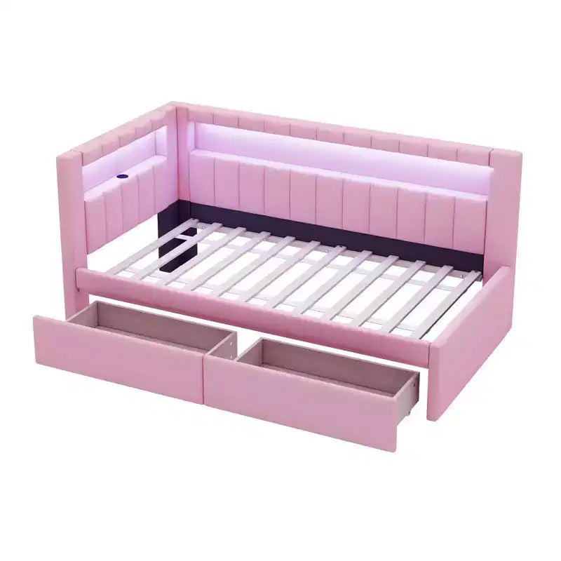 Divano Letto Singolo Imbottito con 2 Cassetti, Struttura con Contenitore, Testiera a L, Porte USB e LED