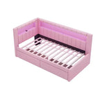 Divano Letto Singolo Imbottito con 2 Cassetti, Struttura con Contenitore, Testiera a L, Porte USB e LED