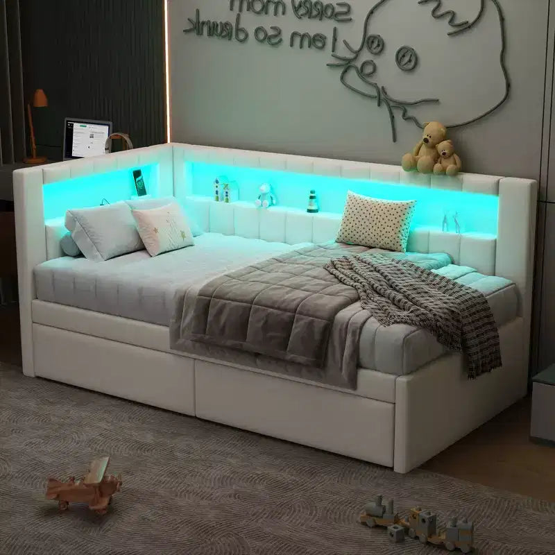 Divano Letto Singolo Imbottito con 2 Cassetti, Struttura con Contenitore, Testiera a L, Porte USB e LED