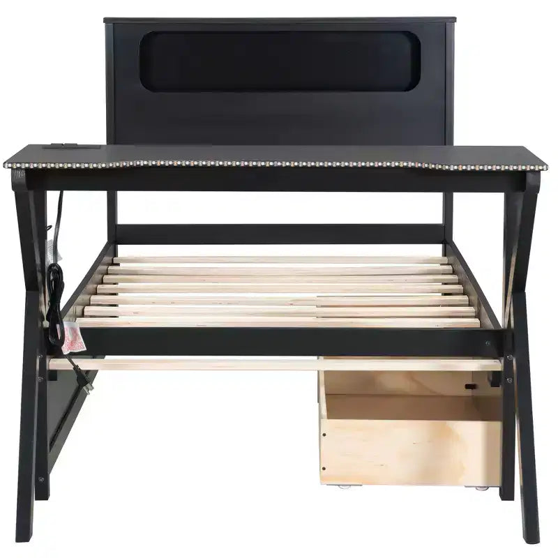 Letto a piattaforma per gaming in legno Twin/Full Size con testiera LED, scrivania e cassetti portaoggetti USB, nero - ModernLuxe