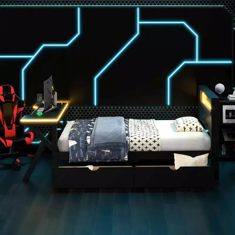 Letto a piattaforma per gaming in legno Twin/Full Size con testiera LED, scrivania e cassetti portaoggetti USB, nero - ModernLuxe