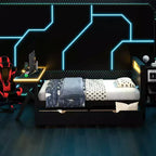 Letto a piattaforma per gaming in legno Twin/Full Size con testiera LED, scrivania e cassetti portaoggetti USB, nero - ModernLuxe