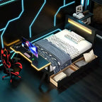 Letto a piattaforma per gaming in legno Twin/Full Size con testiera LED, scrivania e cassetti portaoggetti USB, nero - ModernLuxe