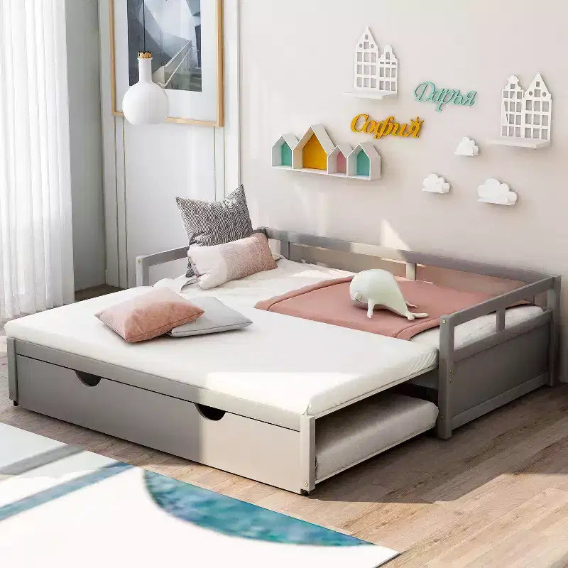 Okak Letto a Divano Estensibile per una Piazza e Mezza con Letto Estraibile/Cassetti e Spondine di Sicurezza, Struttura del Letto a Piattaforma in Legno Massello per Ragazzi e Adulti