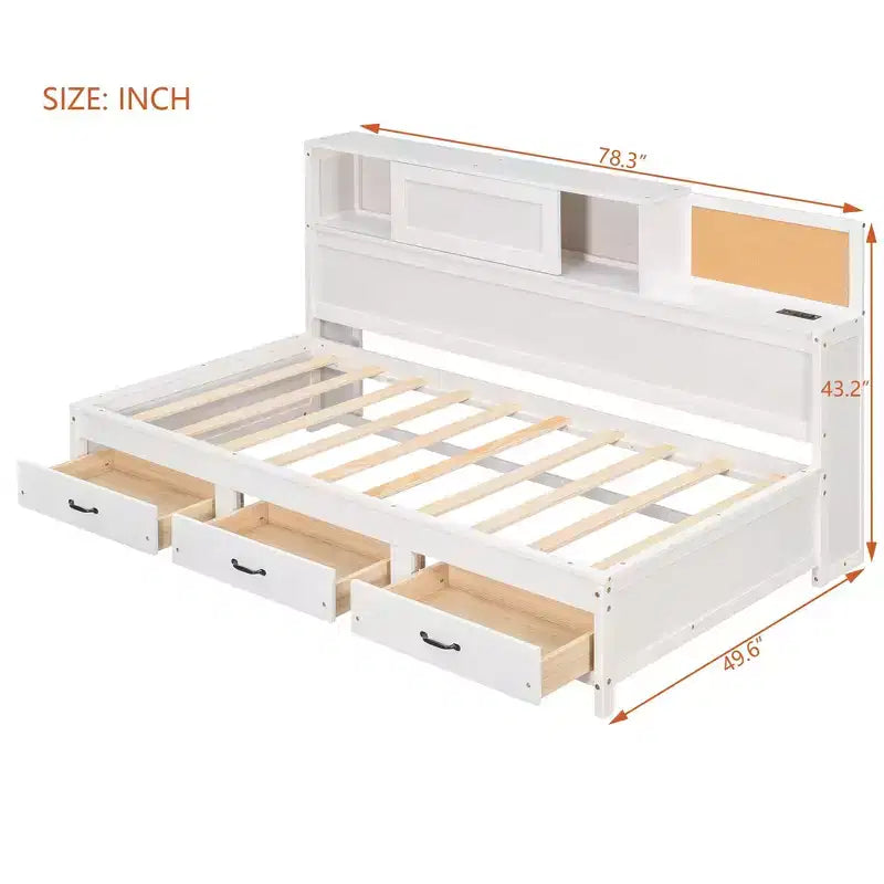 Divano letto a due piazze Okak con design naturale, 3 cassetti e testiera portaoggetti, struttura letto a piattaforma in legno massello per adolescenti e adulti