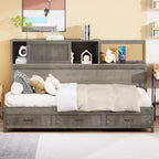 Divano letto a due piazze Okak con design naturale, 3 cassetti e testiera portaoggetti, struttura letto a piattaforma in legno massello per adolescenti e adulti