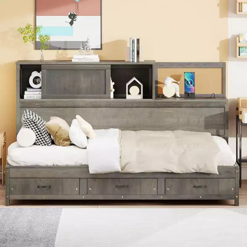 Divano letto a due piazze Okak con design naturale, 3 cassetti e testiera portaoggetti, struttura letto a piattaforma in legno massello per adolescenti e adulti