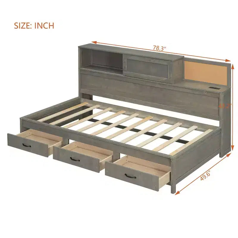 Divano letto a due piazze Okak con design naturale, 3 cassetti e testiera portaoggetti, struttura letto a piattaforma in legno massello per adolescenti e adulti