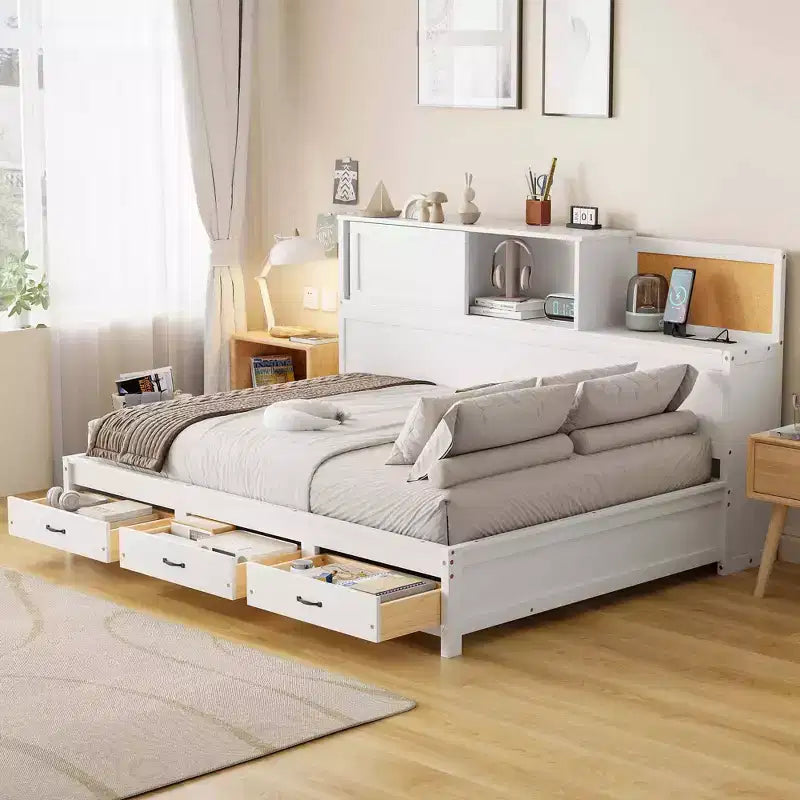 Divano letto a due piazze Okak con design naturale, 3 cassetti e testiera portaoggetti, struttura letto a piattaforma in legno massello per adolescenti e adulti
