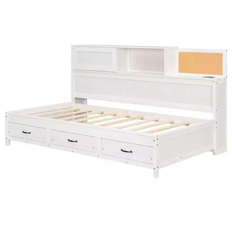 Divano letto a due piazze Okak con design naturale, 3 cassetti e testiera portaoggetti, struttura letto a piattaforma in legno massello per adolescenti e adulti