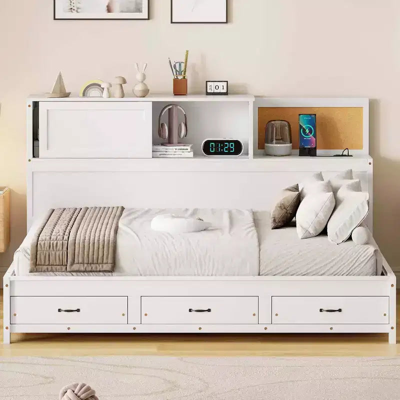 Divano letto a due piazze Okak con design naturale, 3 cassetti e testiera portaoggetti, struttura letto a piattaforma in legno massello per adolescenti e adulti