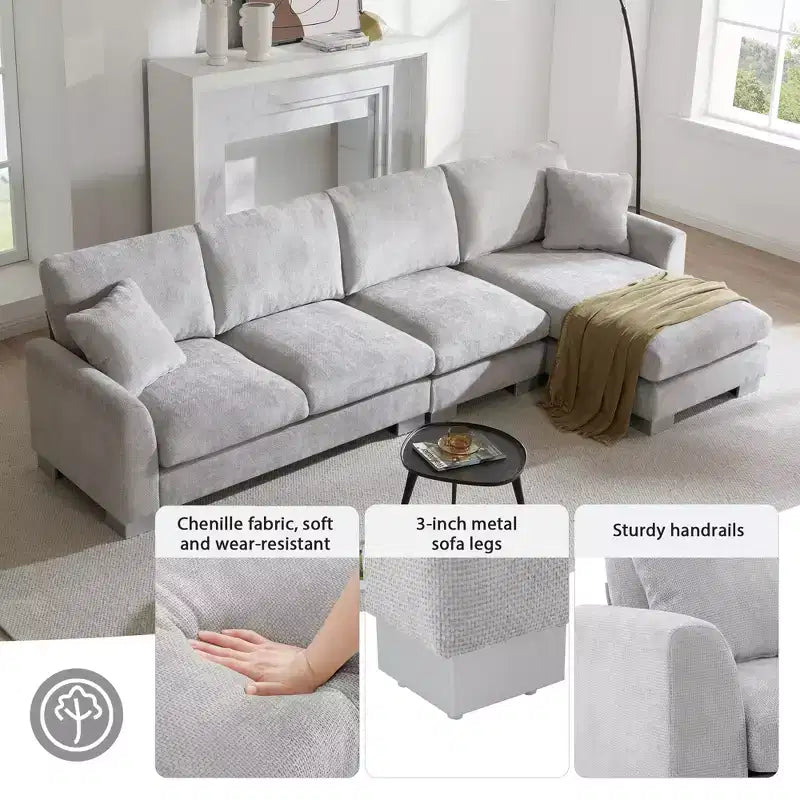 Divano Sezionale Moderno Oversize EHMKNP - Divano di Lusso a L con 5 Posti e Chaise Longue Rivestito in Ciniglia