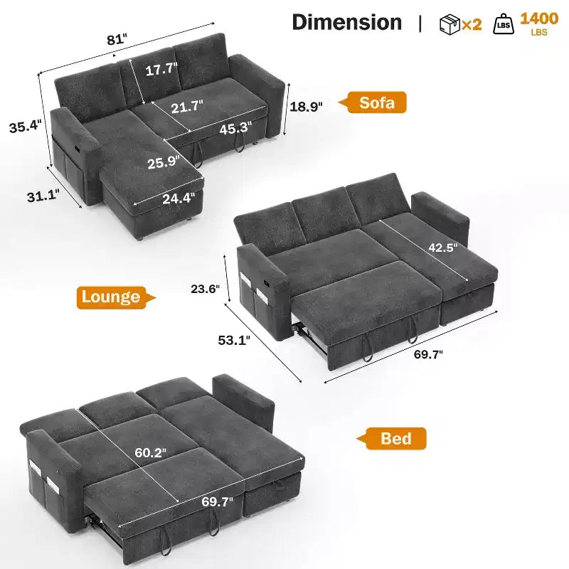 Dyonery divano letto estraibile a tre posti da 81 pollici, con contenitore e tasche laterali, schienale regolabile, divano letto convertibile, ciniglia