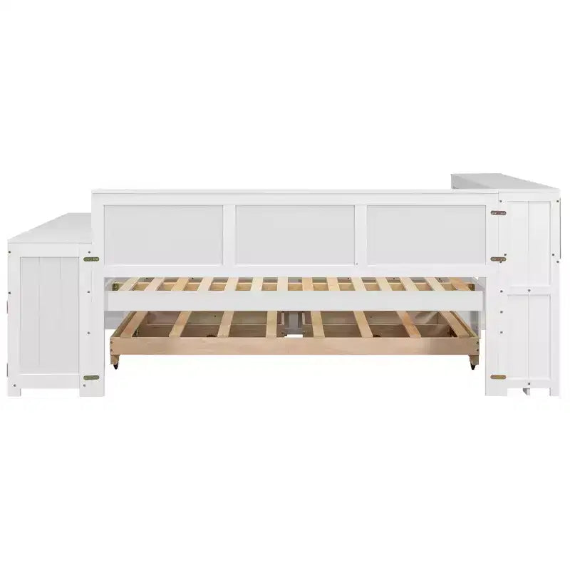 Letto a giorno Luxystar Full Size con 3 mensole portaoggetti, 2 cassetti, letto estraibile, stazione di ricarica, luce LED, scrivania e armadietto