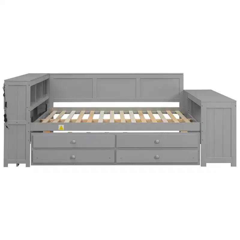 Letto a giorno Luxystar Full Size con 3 mensole portaoggetti, 2 cassetti, letto estraibile, stazione di ricarica, luce LED, scrivania e armadietto