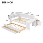 Letto a giorno Luxystar Full Size con 3 mensole portaoggetti, 2 cassetti, letto estraibile, stazione di ricarica, luce LED, scrivania e armadietto