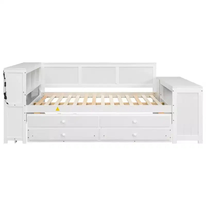 Letto a giorno Luxystar Full Size con 3 mensole portaoggetti, 2 cassetti, letto estraibile, stazione di ricarica, luce LED, scrivania e armadietto