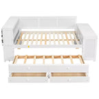 Letto a giorno Luxystar Full Size con 3 mensole portaoggetti, 2 cassetti, letto estraibile, stazione di ricarica, luce LED, scrivania e armadietto