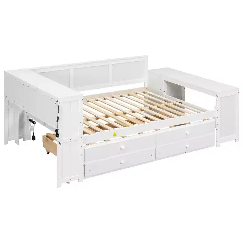 Letto a giorno Luxystar Full Size con 3 mensole portaoggetti, 2 cassetti, letto estraibile, stazione di ricarica, luce LED, scrivania e armadietto