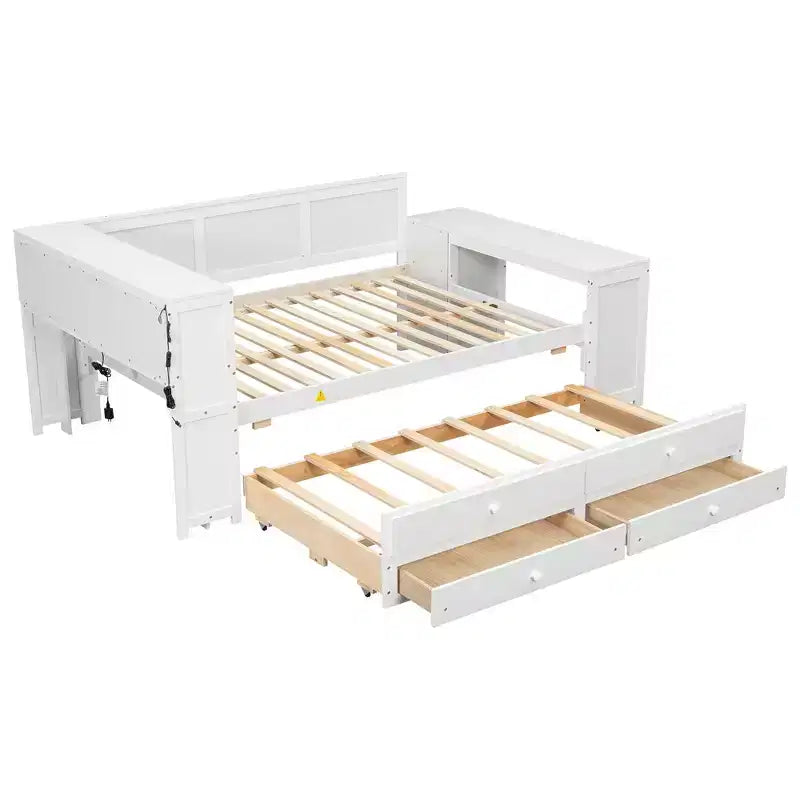 Letto a giorno Luxystar Full Size con 3 mensole portaoggetti, 2 cassetti, letto estraibile, stazione di ricarica, luce LED, scrivania e armadietto