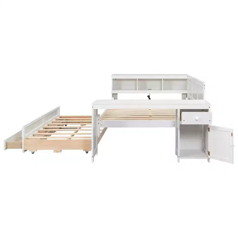 Letto a giorno Luxystar Full Size con 3 mensole portaoggetti, 2 cassetti, letto estraibile, stazione di ricarica, luce LED, scrivania e armadietto