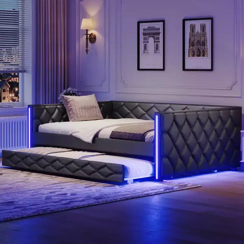 Divano letto imbottito Luxystar Full XL con letto estraibile e LED per soggiorno