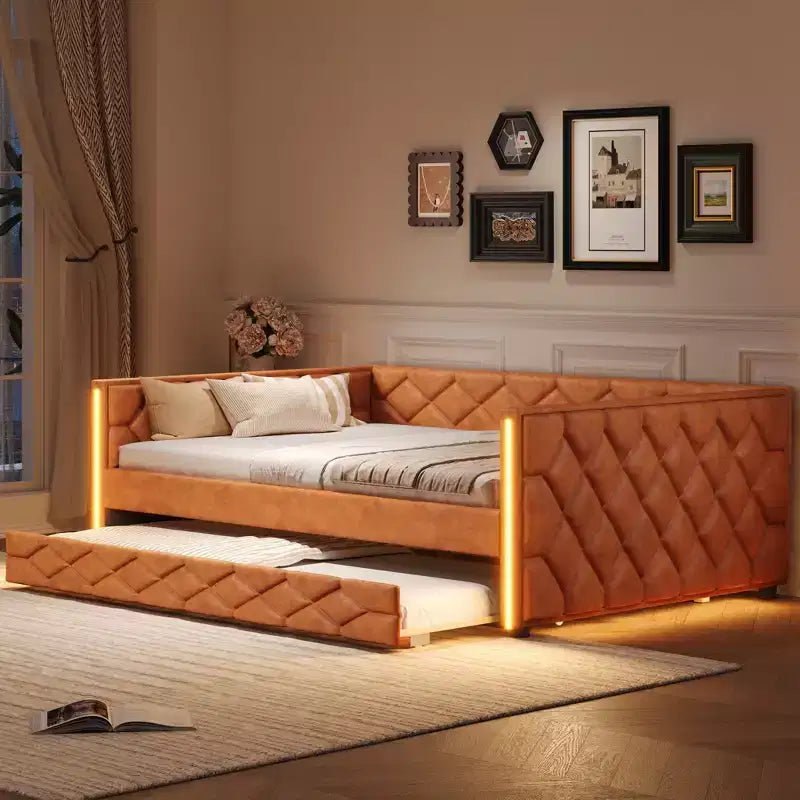 Divano letto imbottito Luxystar Full XL con letto estraibile e LED per soggiorno