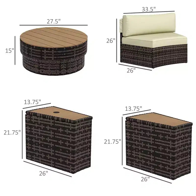Set di mobili da giardino da 8 pezzi con 4 poltrone in rattan e 4 tavoli con contenitore e foro per ombrellone
