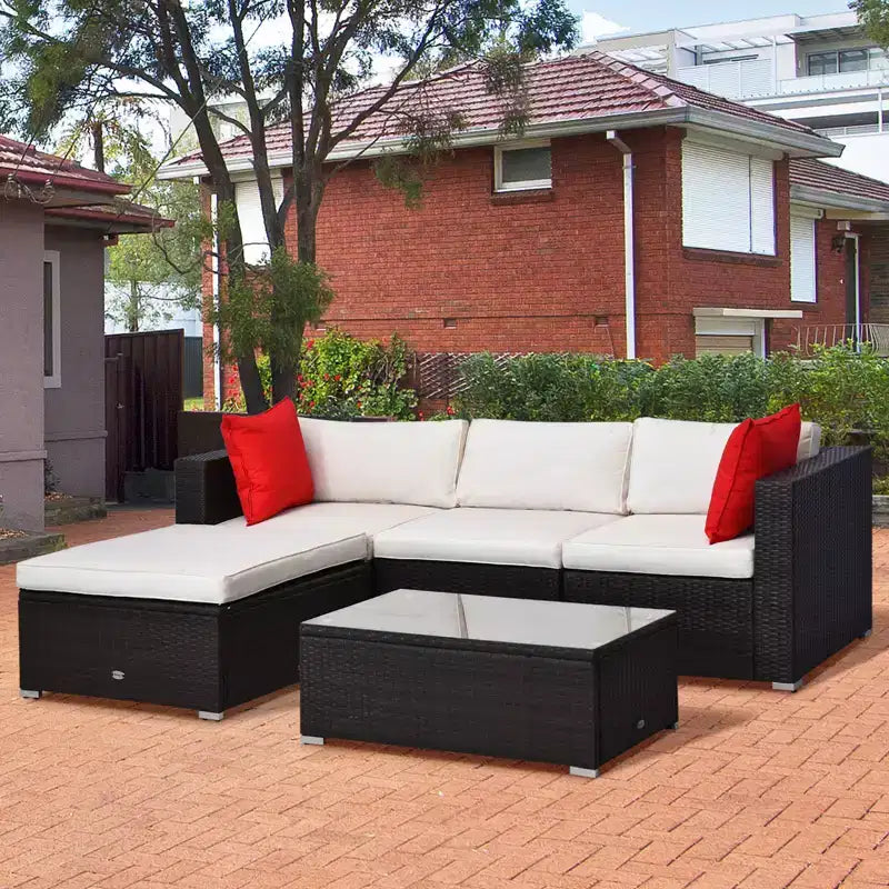 Set Mobili da Giardino a 5 Pezzi con Cuscini, Set Divani in Rattan PE per Esterni, Mobili Componibili con Cuscini, Tavolino da Caffè in Vetro per Giardino