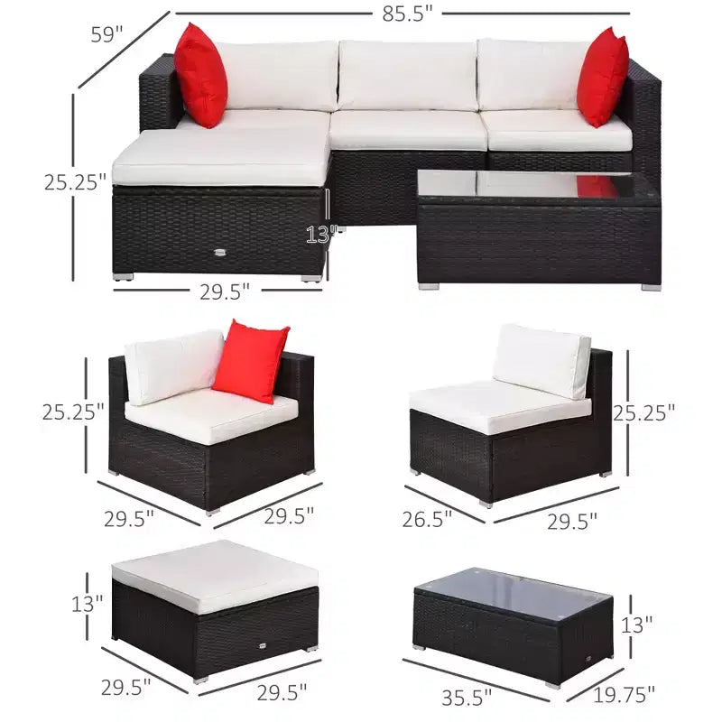 Set Mobili da Giardino a 5 Pezzi con Cuscini, Set Divani in Rattan PE per Esterni, Mobili Componibili con Cuscini, Tavolino da Caffè in Vetro per Giardino