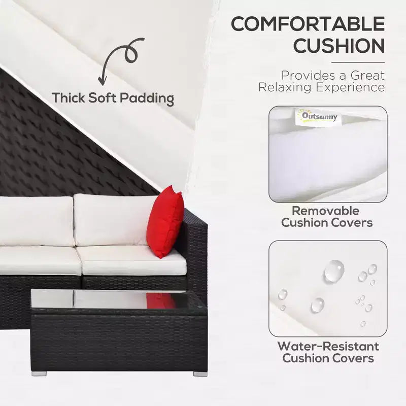 Set Mobili da Giardino a 5 Pezzi con Cuscini, Set Divani in Rattan PE per Esterni, Mobili Componibili con Cuscini, Tavolino da Caffè in Vetro per Giardino