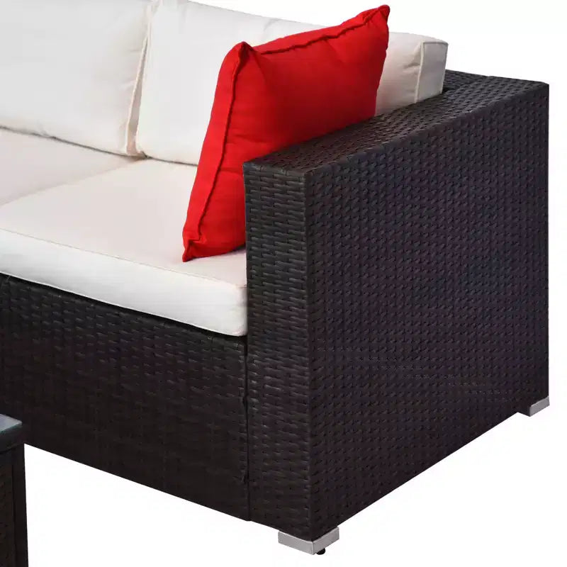 Set Mobili da Giardino a 5 Pezzi con Cuscini, Set Divani in Rattan PE per Esterni, Mobili Componibili con Cuscini, Tavolino da Caffè in Vetro per Giardino