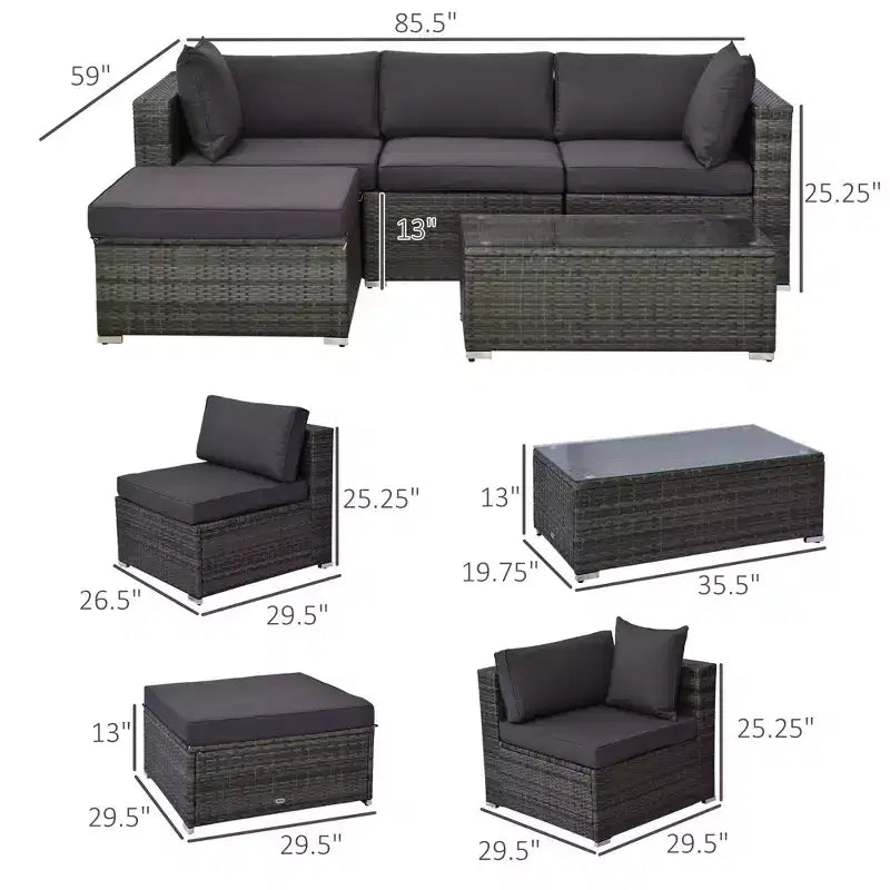 Set di mobili sezionali da esterno 5 pezzi, set divano da patio, divano in vimini PE, cuscini, guanciali, poggiapiedi, tavolo