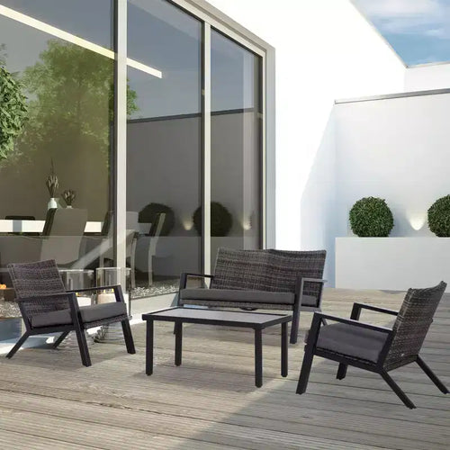 Set di mobili da esterno da 4 pezzi, 2 sedie in vimini PE, divanetto a due posti, tavolino da caffè da esterno, cuscini morbidi, divano e poltrone per giardino, patio