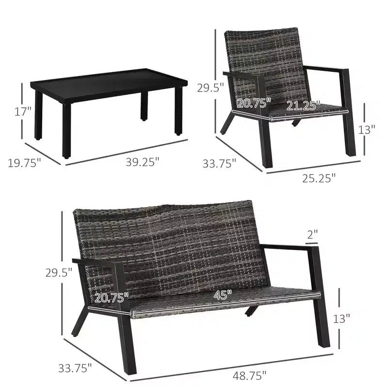 Set di mobili da esterno da 4 pezzi, 2 sedie in vimini PE, divanetto a due posti, tavolino da caffè da esterno, cuscini morbidi, divano e poltrone per giardino, patio